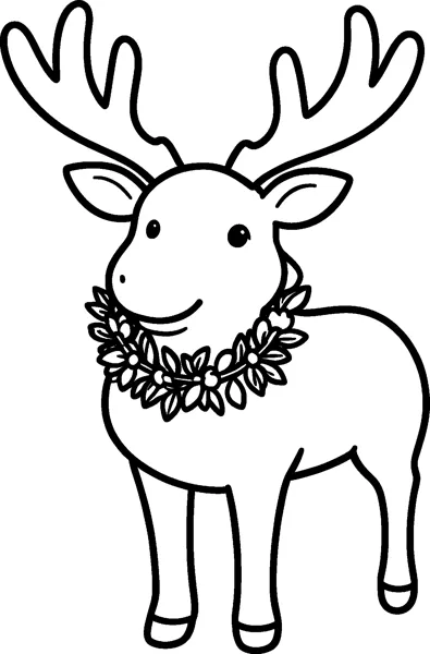 A smiling reindeer with wide antlers stands with a leafy wreath dotted with berries draped around its neck like a collar.