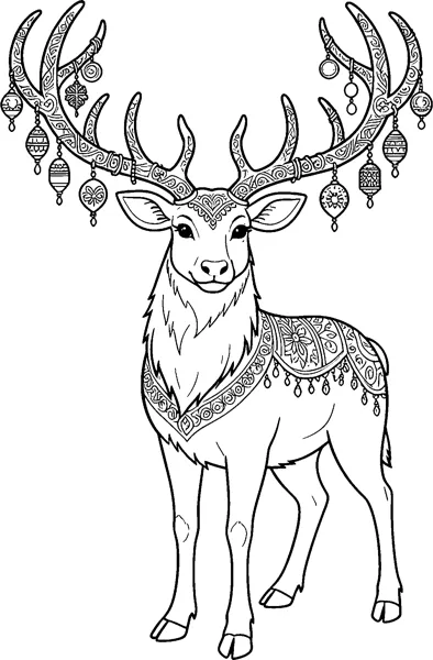 A standing reindeer with patterned antlers hung with baubles wears a decorated blanket across its back.