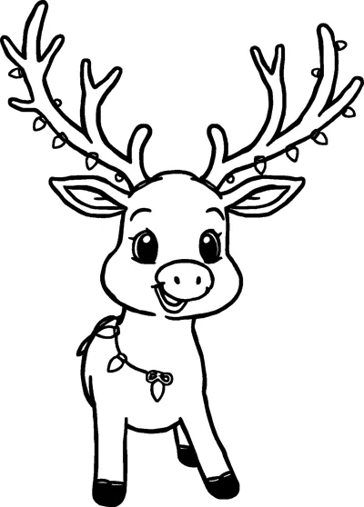 A cheerful young reindeer with string lights wrapped around its antlers and draped around its neck.