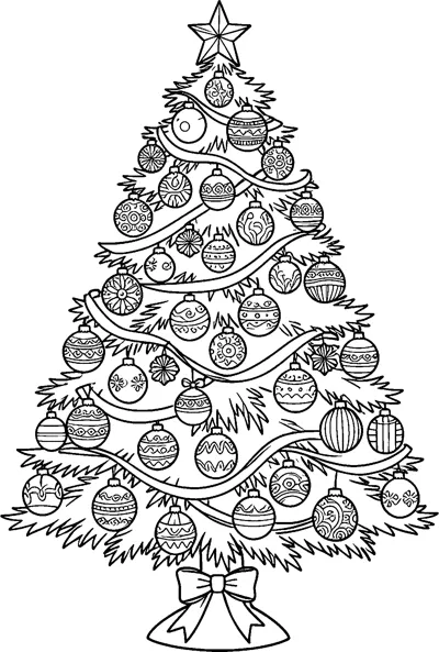 A tall Christmas tree wrapped in flowing ribbons and hung with dozens of patterned baubles, with a star on top.