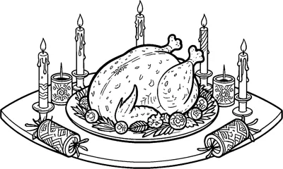 A roast turkey on a platter, surrounded by tall candles, with two Christmas crackers on the table.
