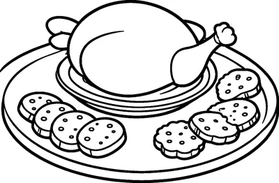 A whole roast turkey sits on a plate in the centre of a large round platter ringed with round biscuits.