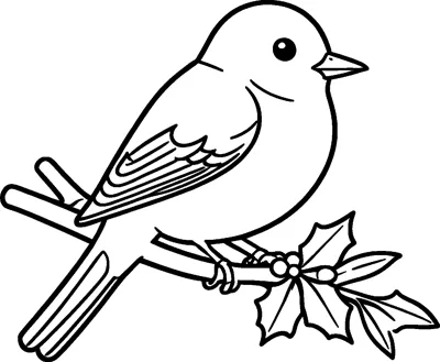 A plump robin sits on a bare branch next to a sprig of holly leaves and berries.
