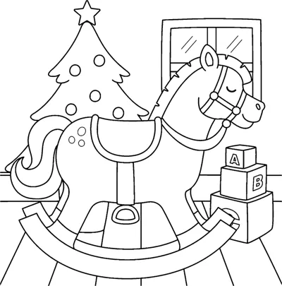 A rocking horse stands near a Christmas tree, a window and toy blocks, under the words Merry Christmas.