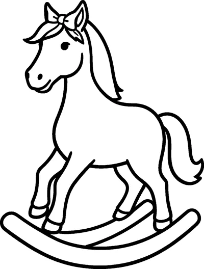 A toy rocking horse with a flowing mane and tail stands on curved rockers wearing a ribbon bow between its ears.