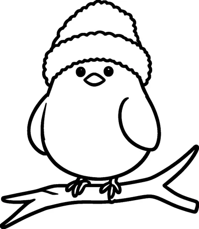 A round little bird wearing a big knitted bobble hat, perched with both feet on a bare branch.