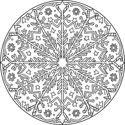 A circular mandala built from a large snowflake, small stars, little snowflakes and candy canes.