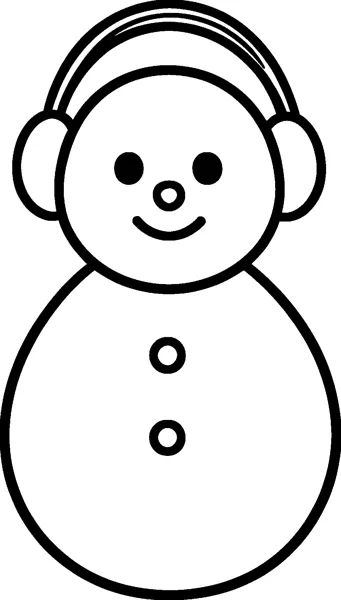 A round snowman with big earmuffs, a smiling face, a round nose and two buttons on its tummy.