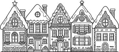 A row of five tall Christmas houses with snowy roofs, patterned walls, chimneys, wreaths and small stars on top.
