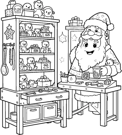 Santa smiles at a workbench beside shelves full of teddy bears and toys.
