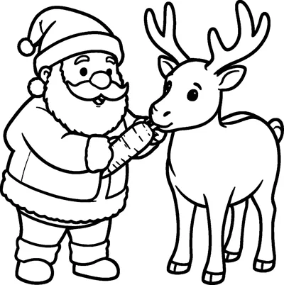 Santa holds out a carrot to a young reindeer with tall antlers, who leans in to nibble it.