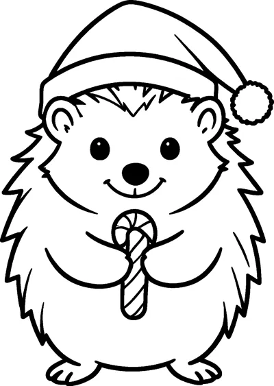 A round, smiling hedgehog in a Santa hat with a fluffy bobble, holding a striped candy cane with both paws.