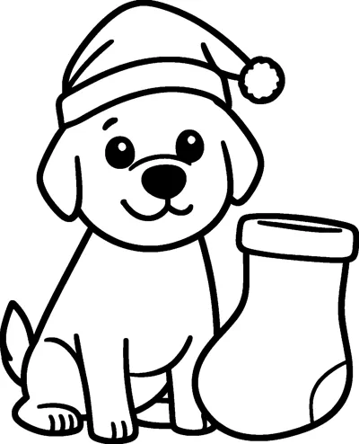 A cute puppy wearing a Santa hat sits next to a big empty Christmas stocking.