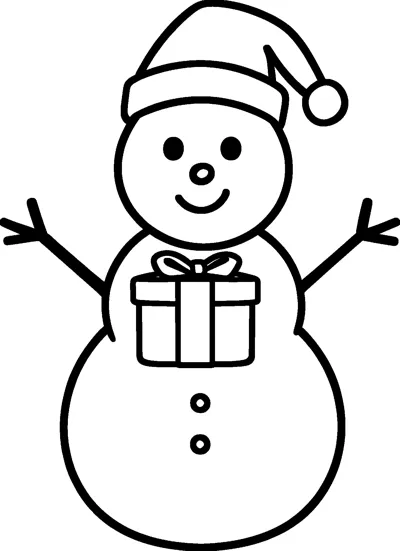 A smiling snowman in a Santa hat with two stick arms and a wrapped present in front.