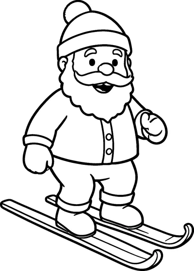 Santa wears a bobble hat and a buttoned jacket as he stands on a pair of long skis with curved tips.