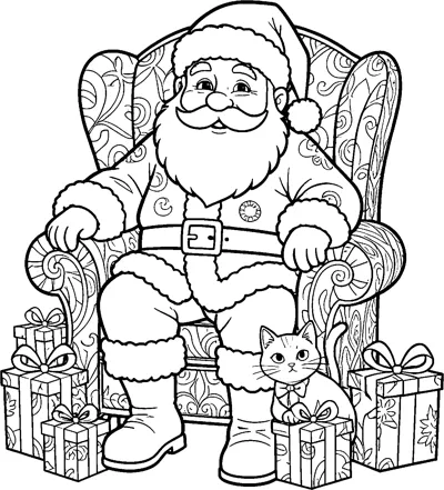 Santa sitting in a swirl-patterned armchair with a cat at his boots and wrapped presents on both sides.