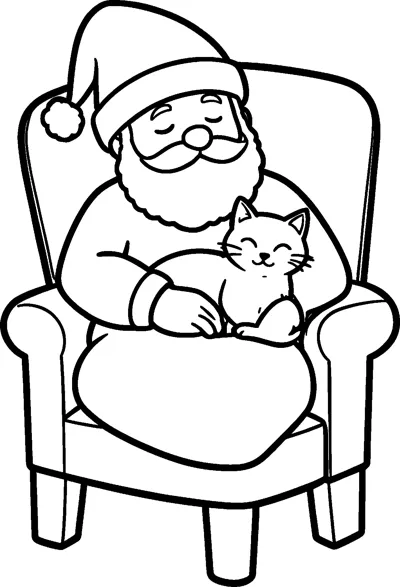 Santa dozes in a big armchair with his eyes closed while a contented cat curls up on his lap.