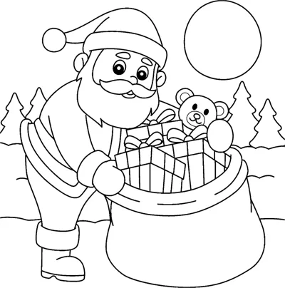 Santa kneels outdoors packing a wrapped gift and a teddy bear into a large sack under the words Merry Christmas.