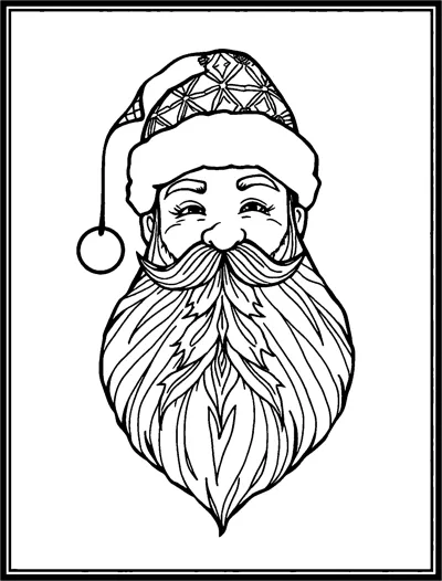 A smiling Santa face with a long patterned beard, curled mustache and a geometric patterned hat, in a frame.