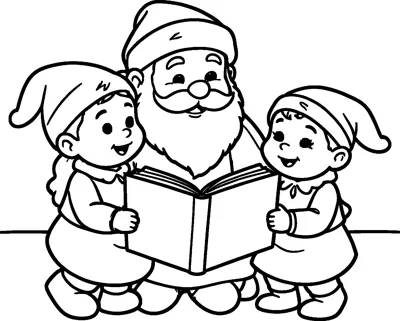 Santa holds an open storybook while two small elves in pointed hats stand on each side of him, smiling and listening.