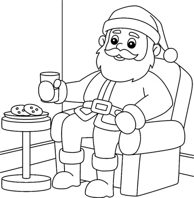 Santa sits in an armchair holding a mug, with cookies on a side table, under the words Merry Christmas.