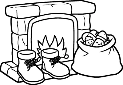 A pair of furry-topped boots stands by a stone fireplace with a crackling fire, next to a sack full of toys.