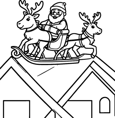 Santa drives a sleigh pulled by two reindeer as it flies low over the pointed rooftops of a row of houses.