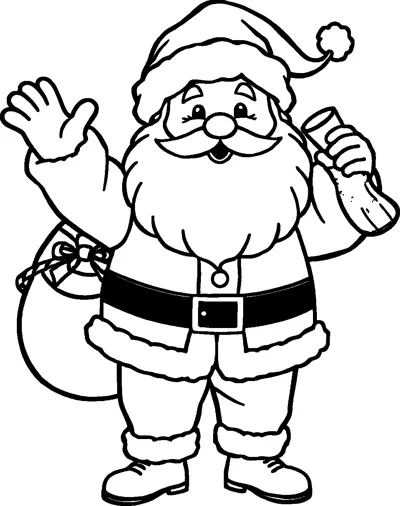 Santa in his fur-trimmed suit and hat waves one hand, with a tied sack of toys behind him.