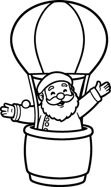 Santa leans out of a hot air balloon basket, laughing with both arms stretched wide as the striped balloon lifts him up.