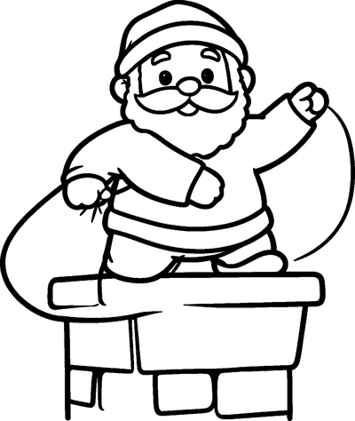 Santa stands on top of a brick chimney, waving one hand while holding the strap of his big sack behind him.