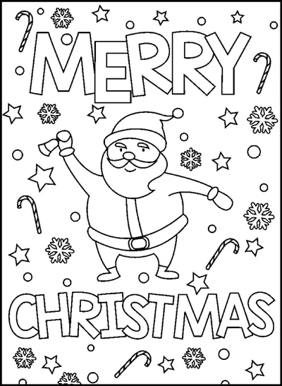 Santa waves one hand among candy canes, stars and snowflakes, framed by the words Merry Christmas.