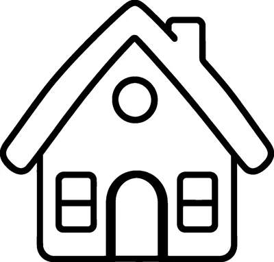 A simple gingerbread cottage with a pointed roof, a chimney, a round window, an arched door and two square windows.