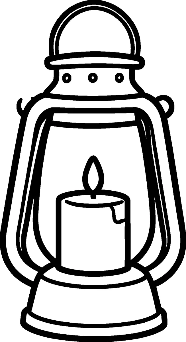 An old-fashioned lantern with a round handle, side hooks and a thick candle with a dripping edge glowing inside.