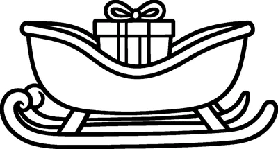 A plain Christmas sleigh with curled runners and one wrapped present with a bow sitting inside.
