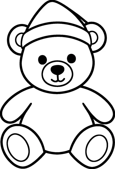 A chubby teddy bear sitting with its legs out in front, smiling and wearing a Santa hat between its round ears.