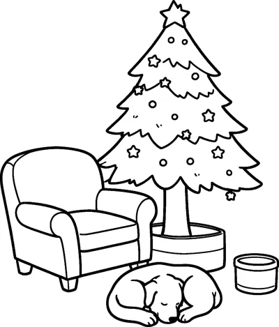 A puppy sleeps curled up on the floor beside a comfy armchair and a potted Christmas tree decorated with stars.