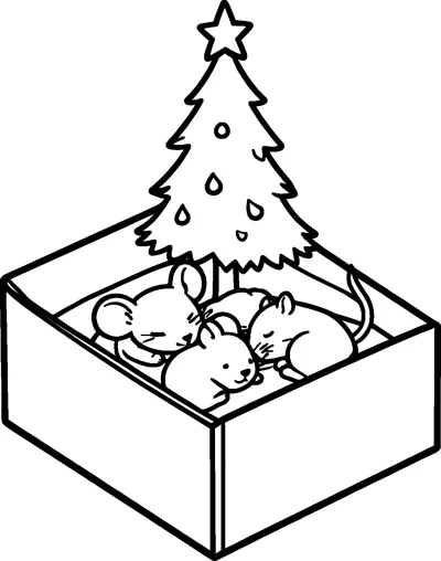 A family of little mice curled up together in an open box under a small Christmas tree with a star on top.