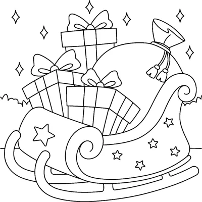 A sleigh loaded with wrapped presents and a sack sits in the snow among stars, under the words Merry Christmas.