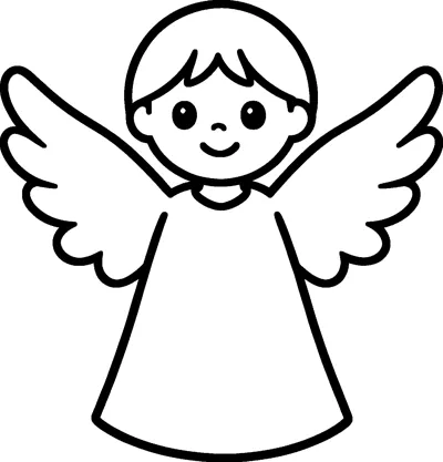 A smiling child angel in a long gown with two feathery wings spread wide.