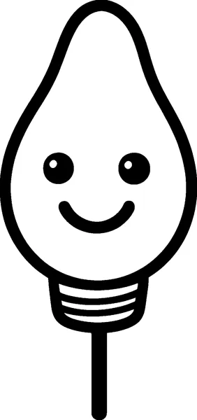 A large Christmas light bulb with a happy face, a ridged base and a short straight wire below.