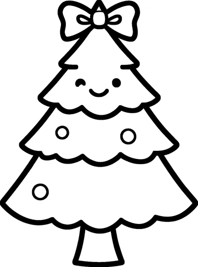 A happy Christmas tree with three wavy layers, a smiling face, round baubles and a big bow sitting on top.
