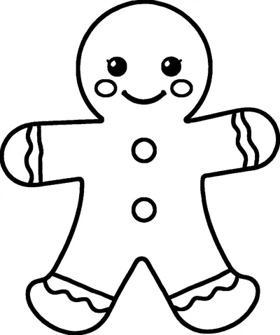 A smiling gingerbread man with rosy cheeks, two buttons and wavy icing on his hands and feet.