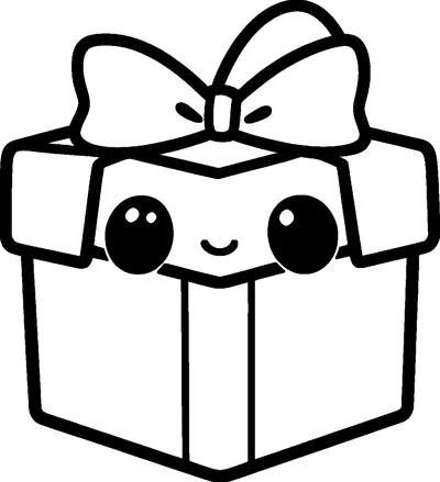 A cute gift box with big shiny eyes and a small smile has a large bow on its lid.