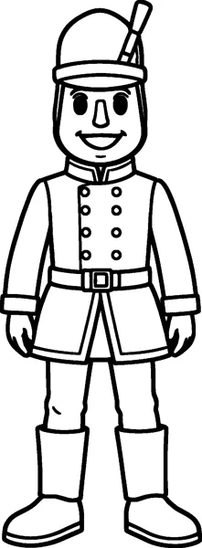A smiling wooden nutcracker soldier stands straight in a tall hat, buttoned jacket, belt and boots.
