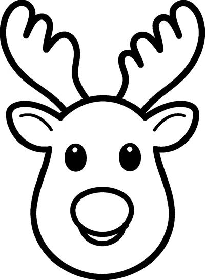 A smiling reindeer face with branching antlers, two ears, round eyes and a big round nose.