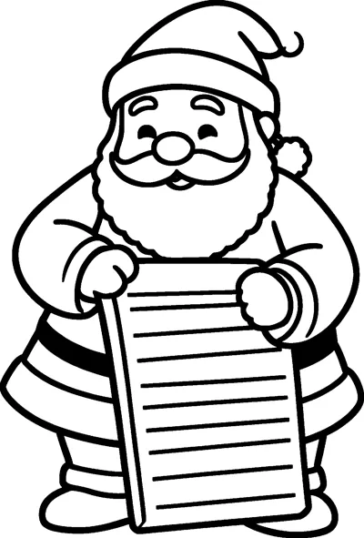 Santa in his hat and belted suit smiles while holding up a long lined list with both hands.