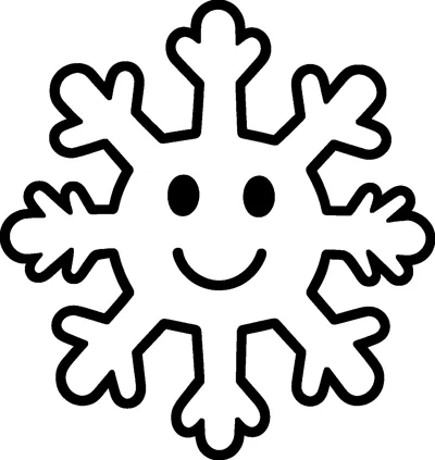 A big friendly snowflake with six branching arms and a smiling face with two dot eyes in the centre.