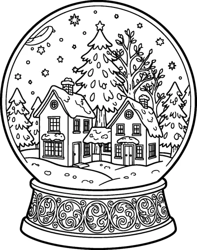 A snow globe holds two snowy houses, a tall star-topped fir tree and falling snow above a swirly base.