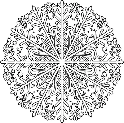 A large round snowflake mandala with six main arms, curling swirls and tiny stars scattered between them.