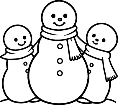 Three smiling snowmen stand side by side in scarves, the tall one in the middle hugging two smaller snowmen with button fronts.